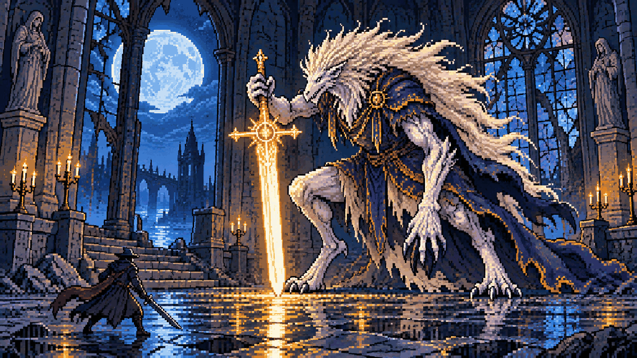 Criatura de fantasia com espada sagrada em capela gótica sob a lua em pixel art