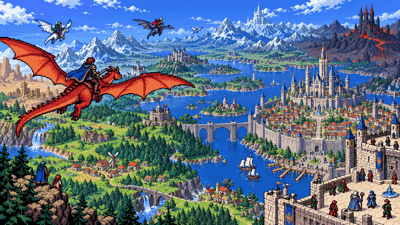 Personagem voando sobre um mundo fantastico em pixel art