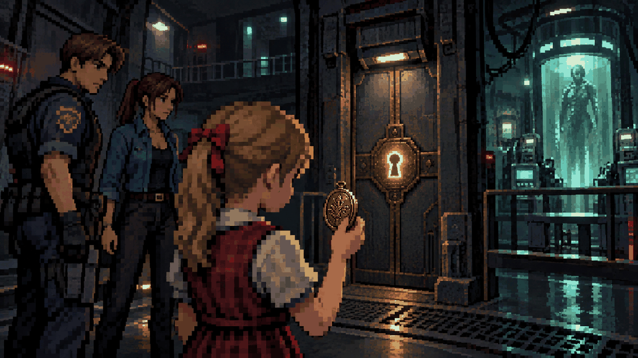 Sherry diante de uma porta de laboratório aberta pelo seu pingente em pixel art