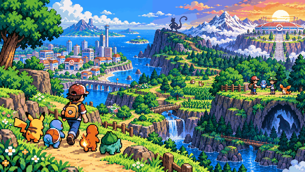 Treinador com equipe de criaturas, cidade e estrada em pixel art
