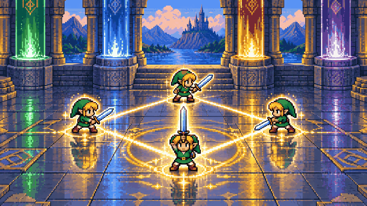 Quatro versões de Link empunham espadas coloridas em um templo de Hyrule em pixel art
