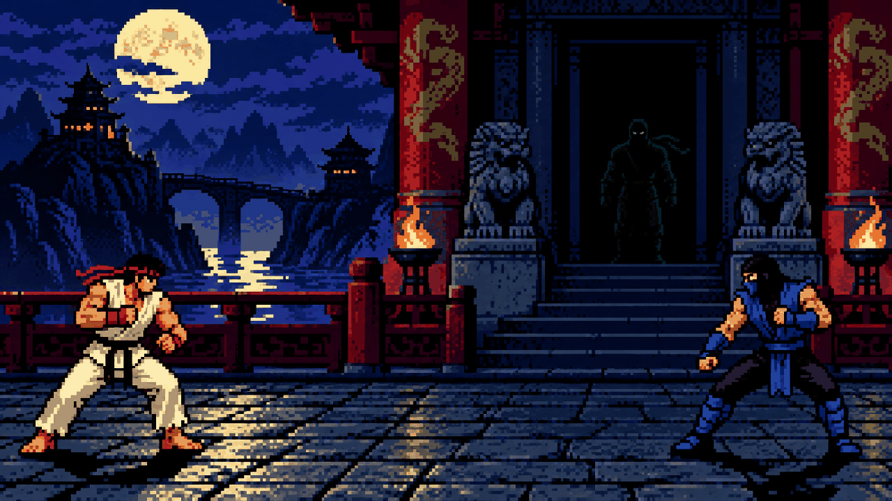 Arena de luta arcade com lutador secreto verde surgindo nas sombras em pixel art
