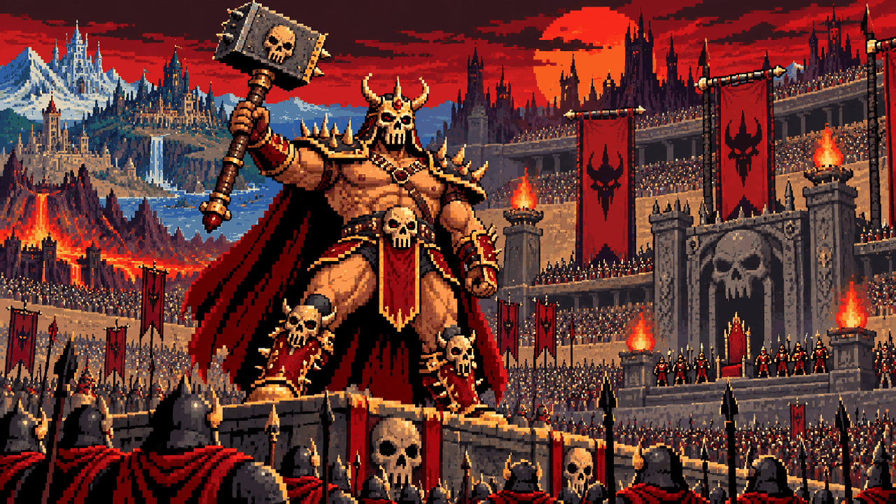 Shao Kahn diante de uma arena cheia de guerreiros