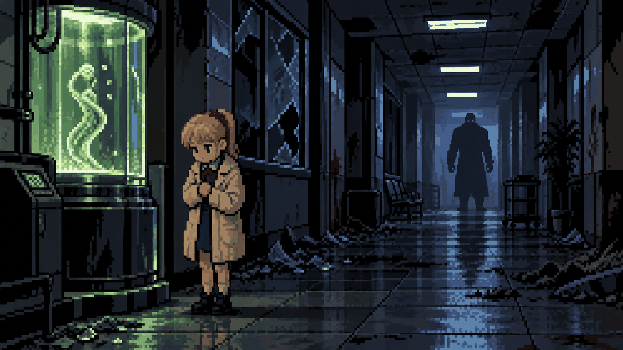 Sherry Birkin criança em um corredor destruído de Raccoon City em pixel art