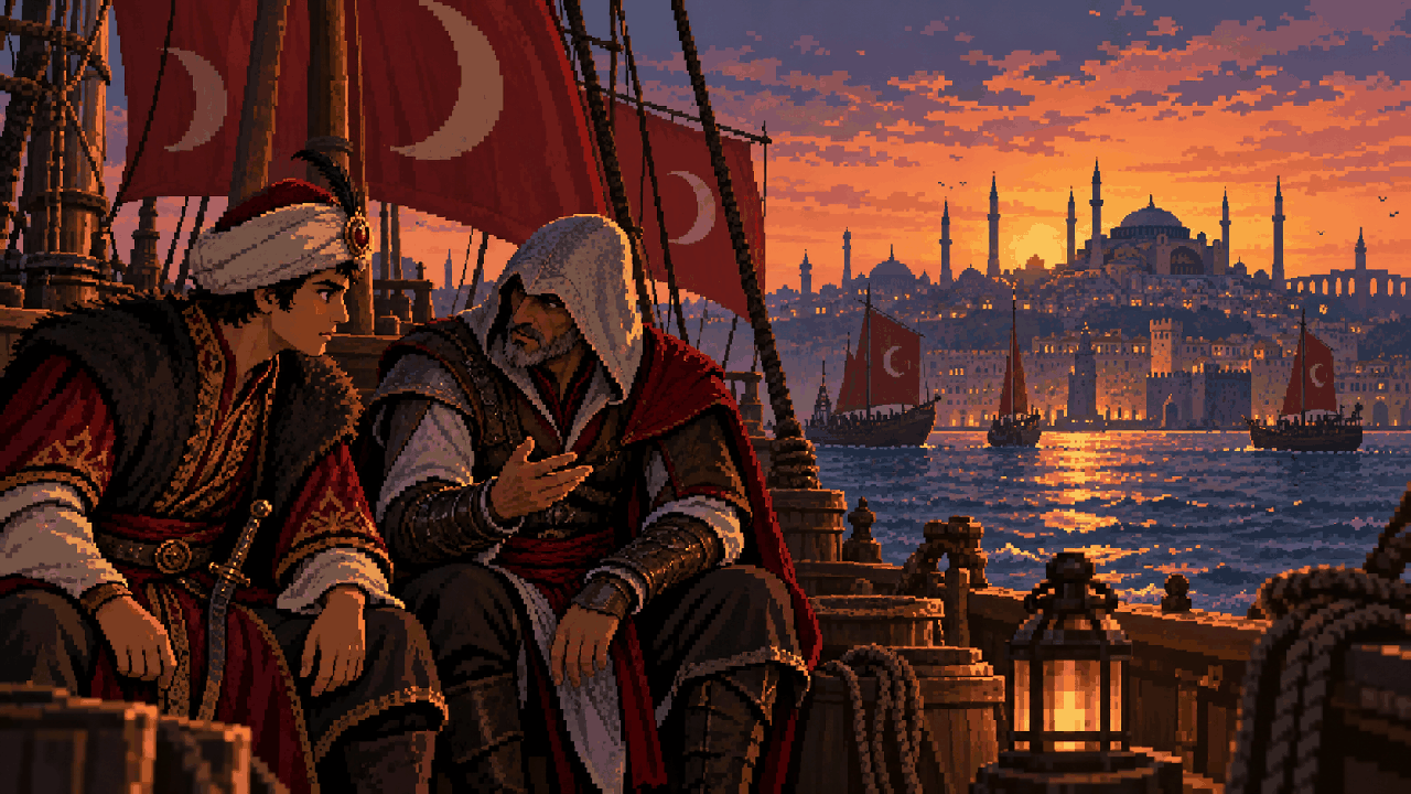 Ezio conversando com o jovem Suleiman em um navio