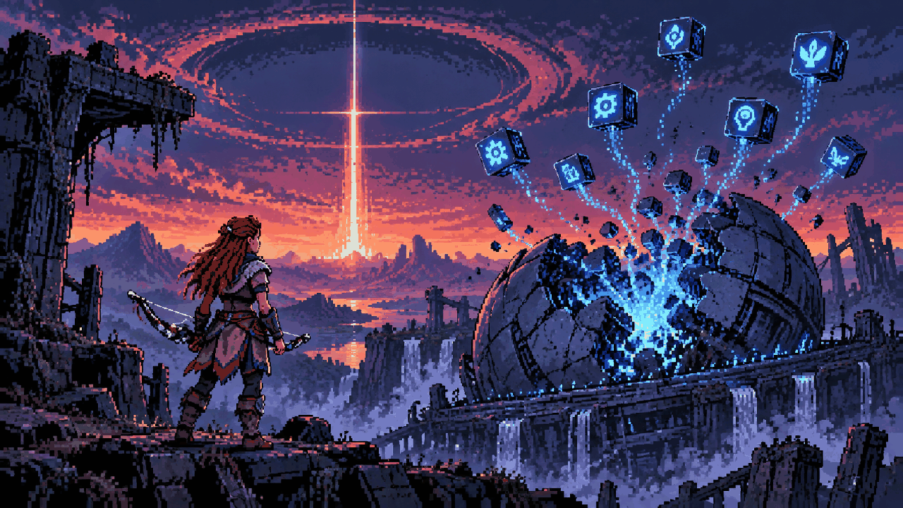 Máquinas ajudando plantas, água e atmosfera a voltarem à Terra em pixel art