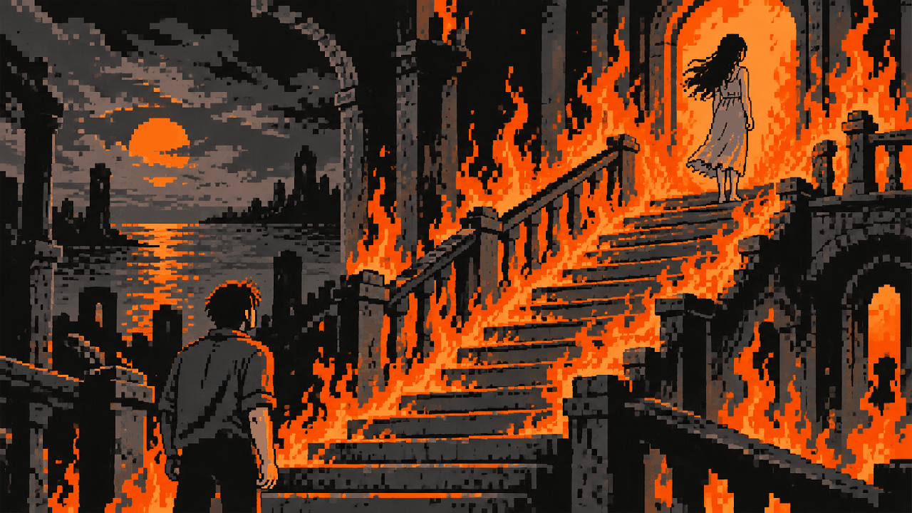 Angela em escadaria de fogo simbólica de Silent Hill 2 em pixel art