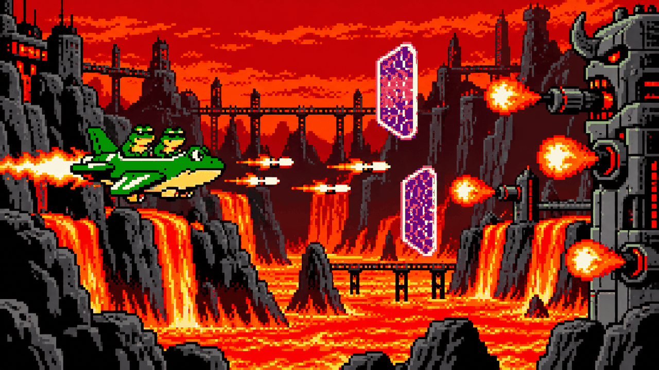 Volkmire's Inferno com Toad Plane atravessando fogo misseis e campos de força