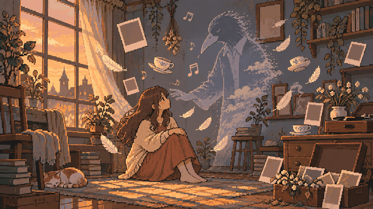 Jovem cercada por objetos de memória e silhueta de pássaro em pixel art