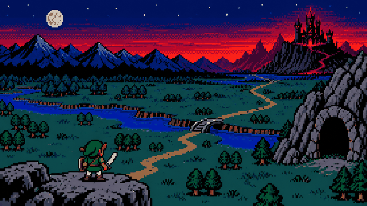 Link atravessa um campo vazio em direção a uma caverna e uma fortaleza distante em pixel art
