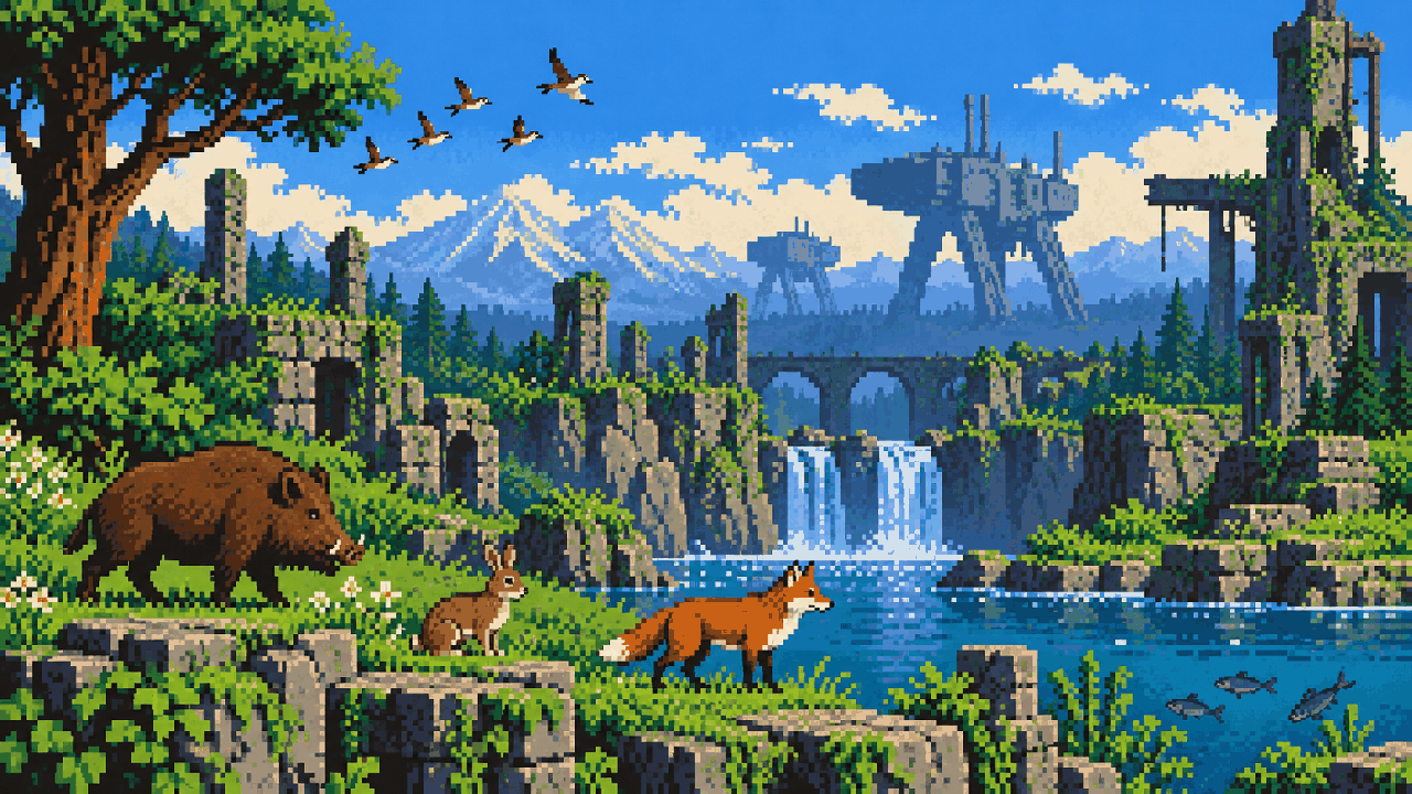 Animais reais convivendo com máquinas em um mundo verde de Horizon em pixel art