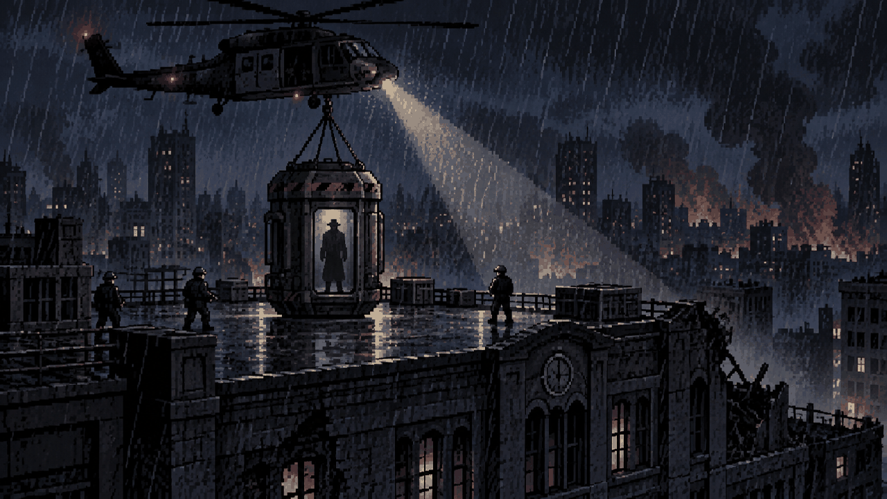 Helicóptero lança uma cápsula com o Tyrant sobre a delegacia em pixel art