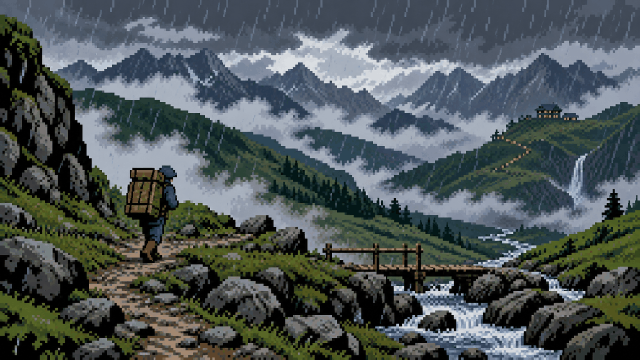 Entregador caminhando por montanhas vazias inspirado em Death Stranding em pixel art