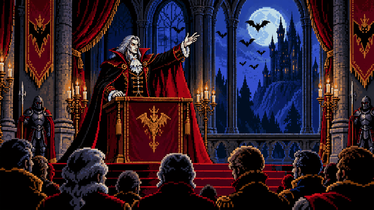 Drácula em um castelo gótico iluminado pela lua