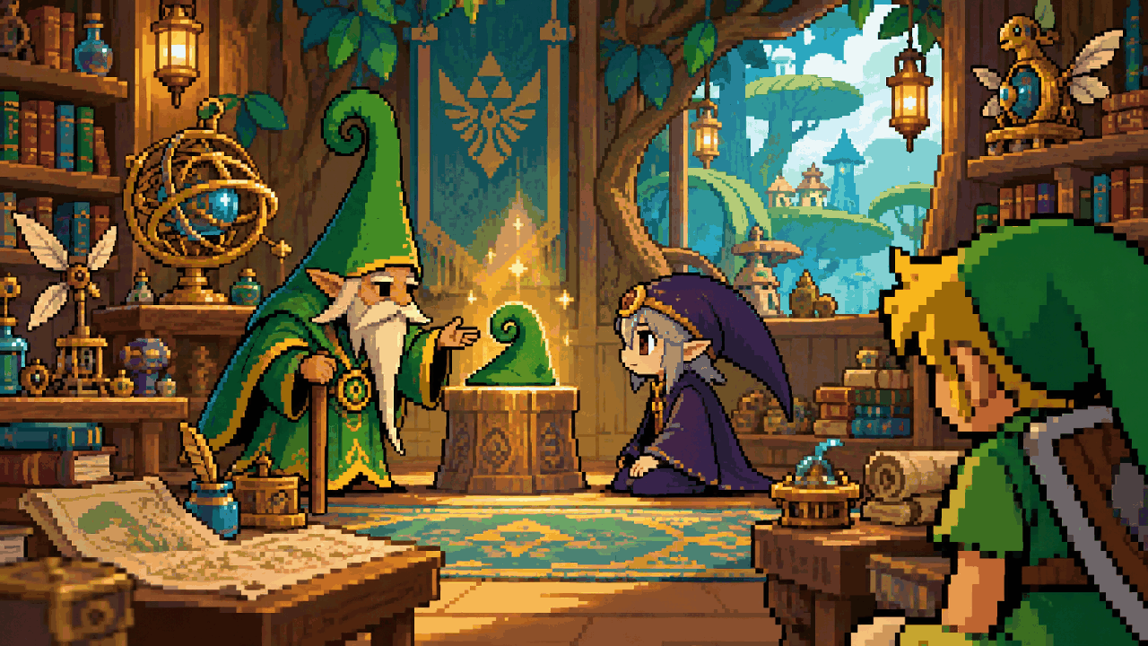 Ezlo revela sua forma de sábio Minish diante de Link em pixel art