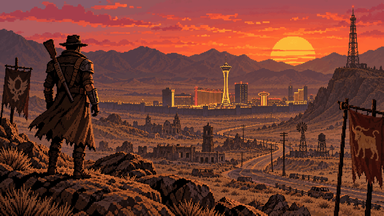 Viajante diante de uma cidade neon e ruínas do deserto em pixel art