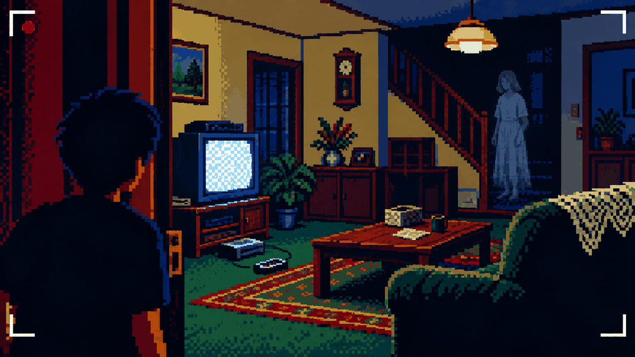 Casa escura com silhueta fantasmagórica em pixel art