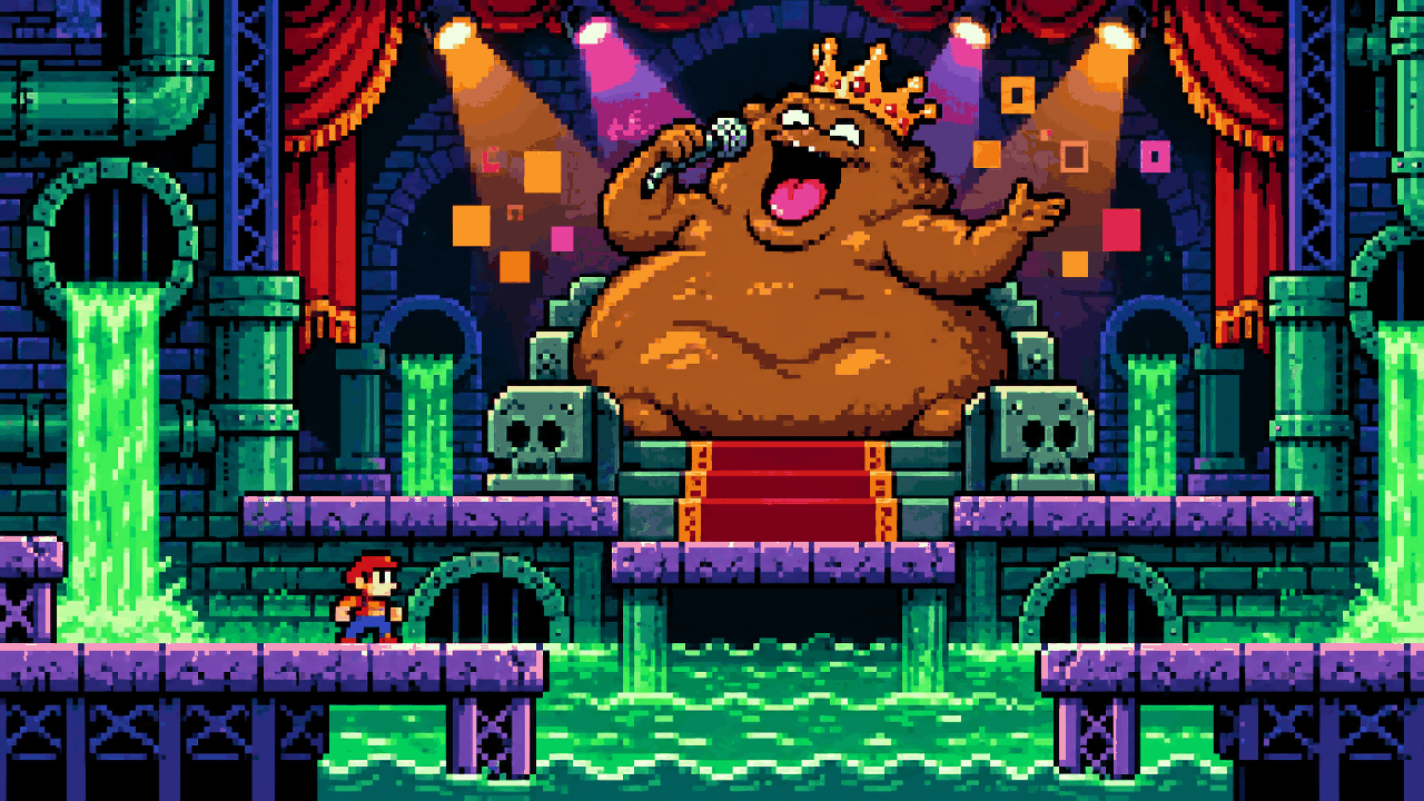 Chefe cartunesco em forma de blob marrom cantando em um teatro de esgoto em pixel art