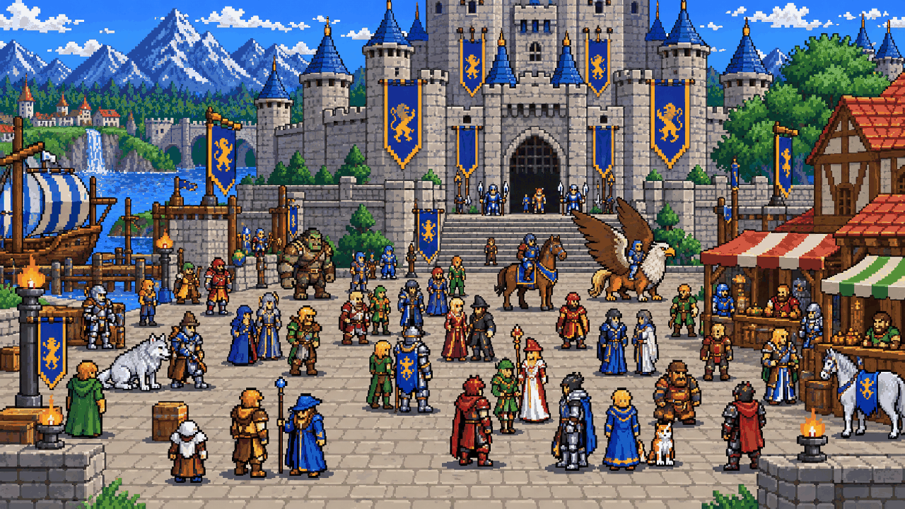 Jogadores reunidos diante de um castelo em pixel art