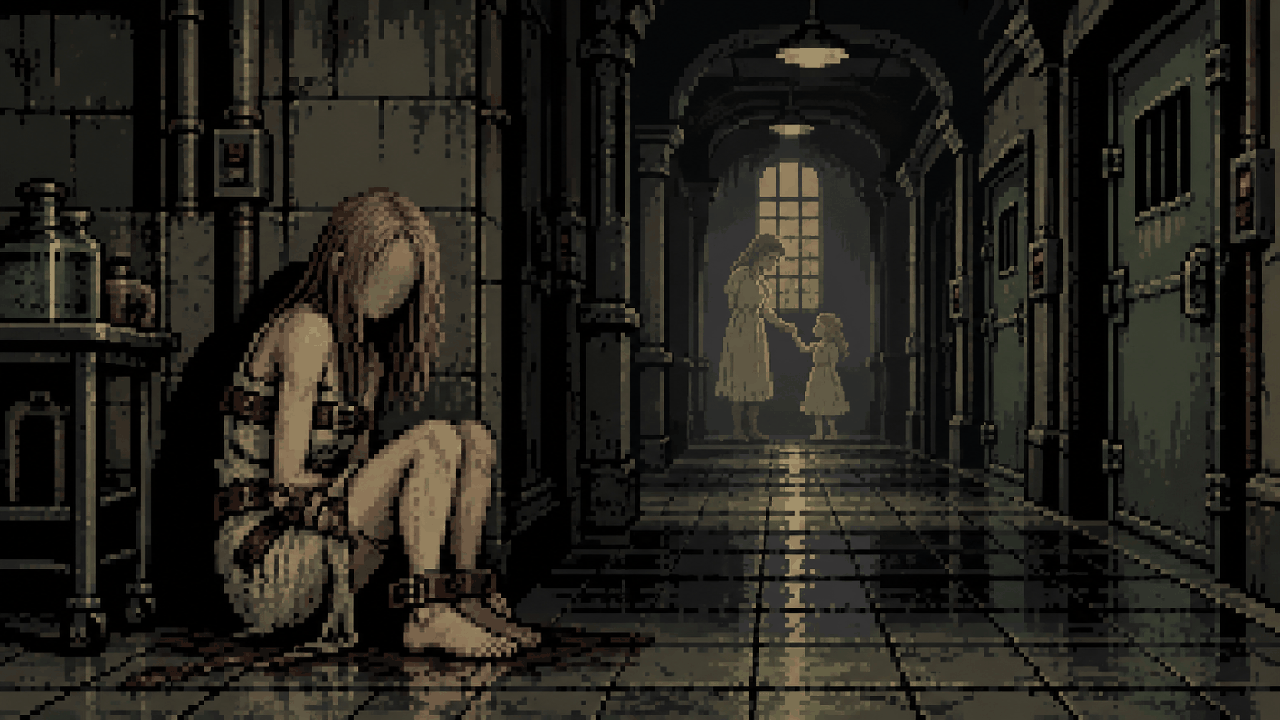 Lisa Trevor em um laboratório abandonado da mansão Spencer em pixel art