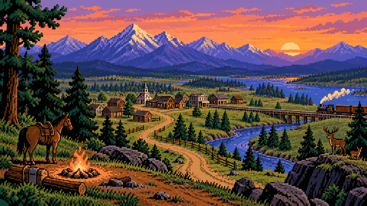 Estrada de faroeste com cidade, fogueira, animais e montanhas depois da história em pixel art