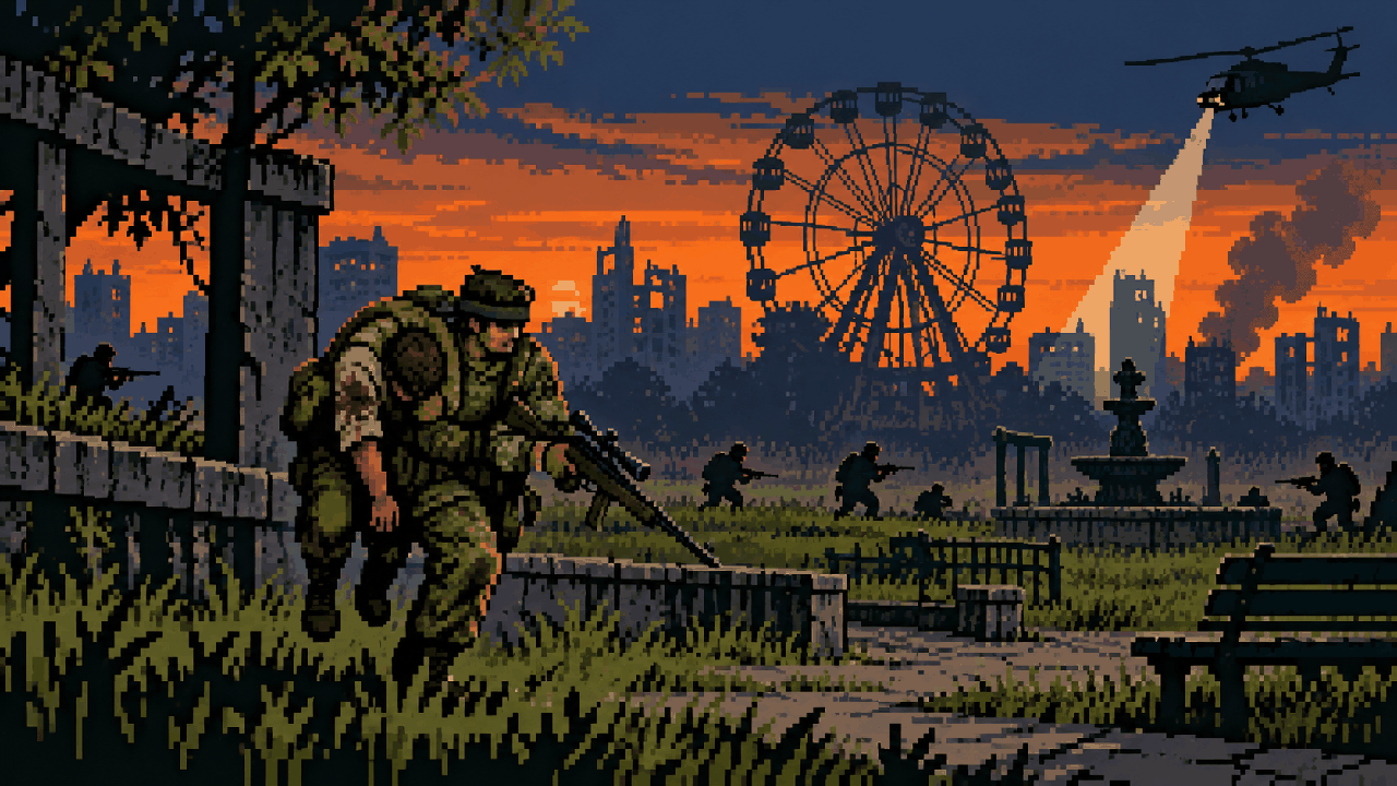 Sniper carregando aliado ferido em parque ao pôr do sol