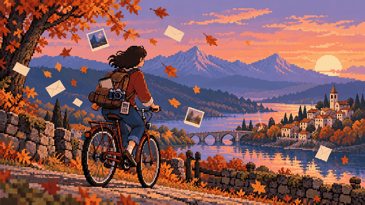 Viajante de bicicleta com câmera registrando um vale antes da mudança em pixel art