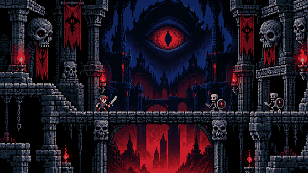 Link segura uma espada dentro de um templo subterrâneo cheio de sombras em pixel art