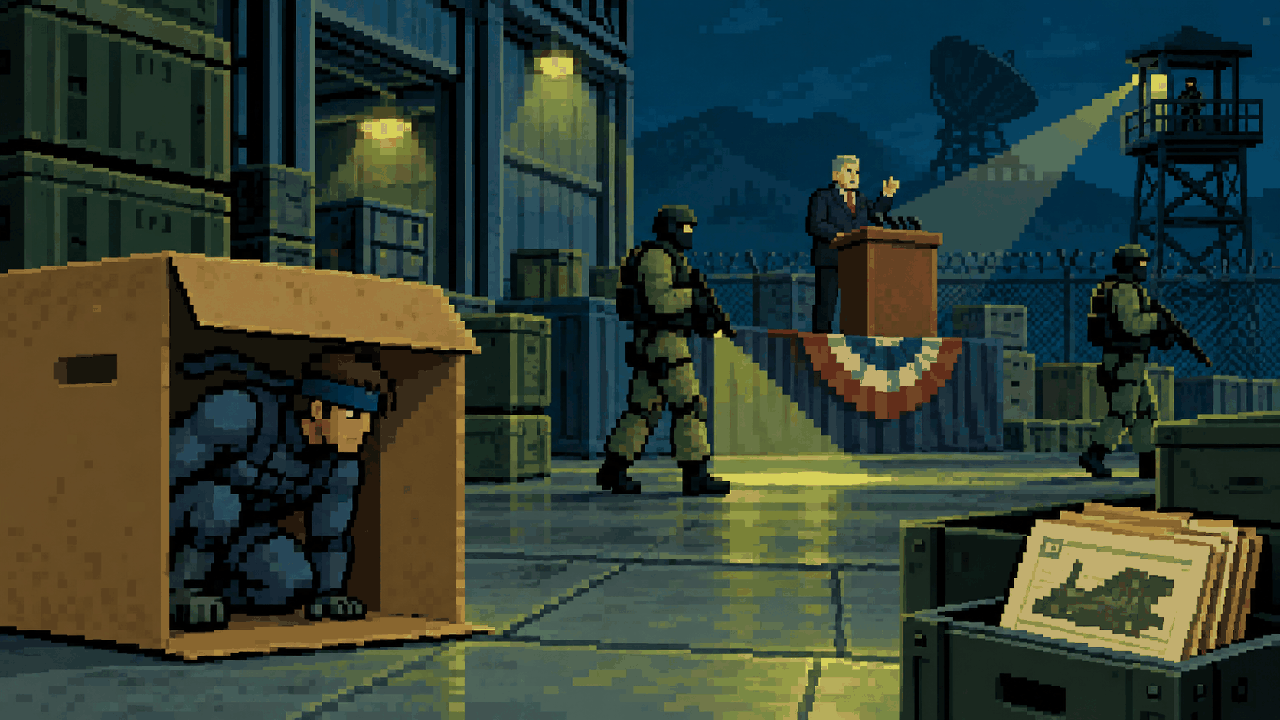 Solid Snake escondido em uma caixa de papelão ao lado de um palanque e arquivos secretos em pixel art