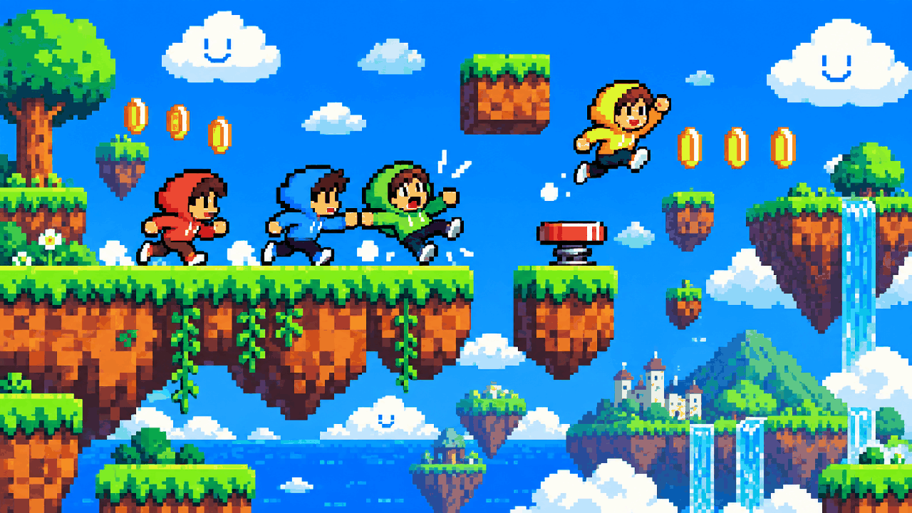 Fase de plataforma cooperativa inspirada em Super Mario 3D World em pixel art