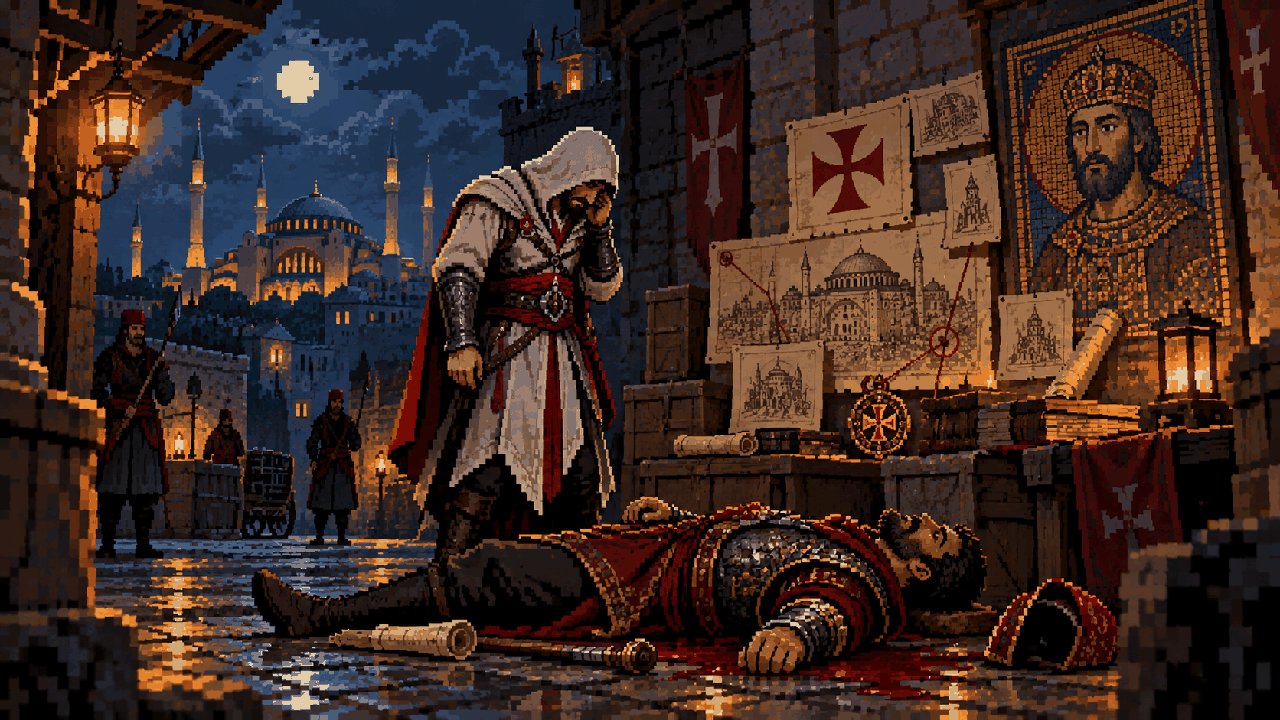 Ezio diante de Tarik após descobrir que cometeu um erro