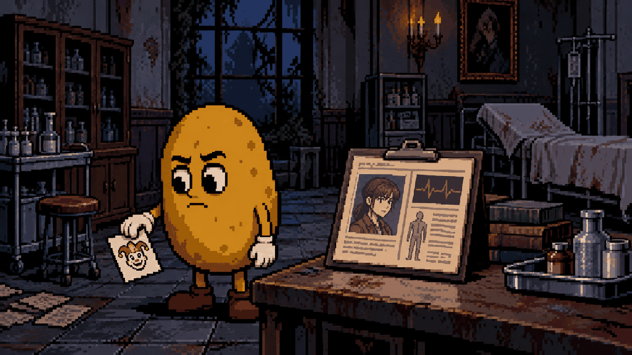 Batata diante de uma ficha de avaliação em um laboratório de Resident Evil em pixel art