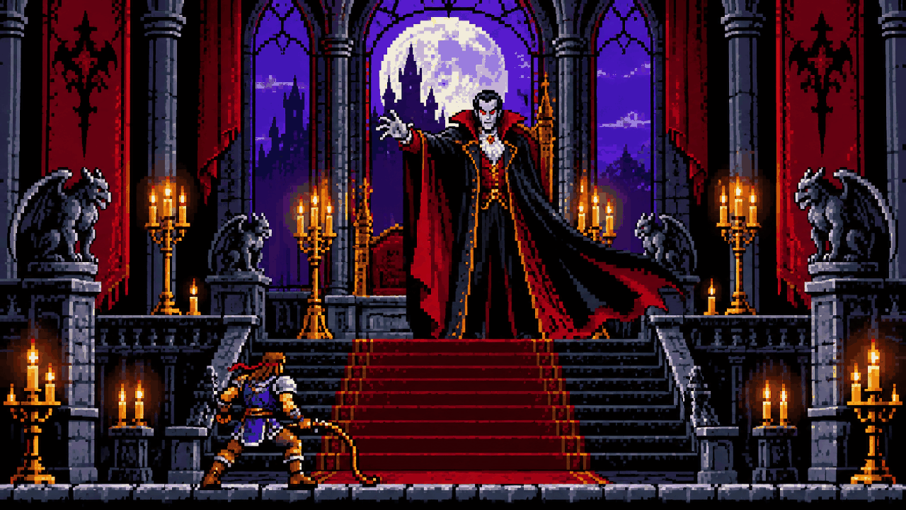 Vampiro de capa diante do trono em um castelo gótico sob a lua em pixel art