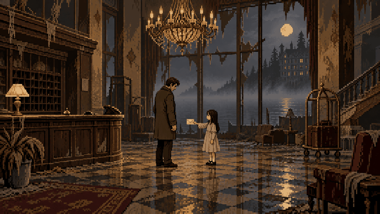 Hotel Lakeview à beira do lago em Silent Hill 2 em pixel art
