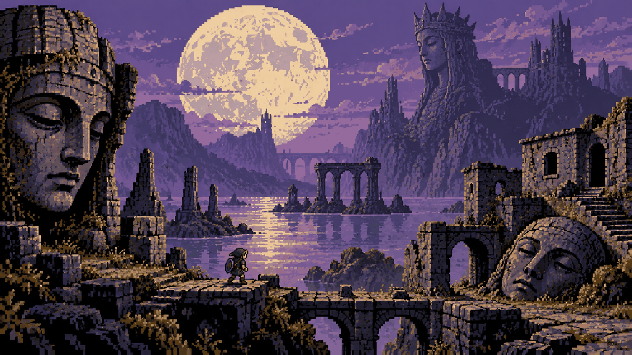 Link atravessa um vale de estátuas sob uma lua pálida em pixel art