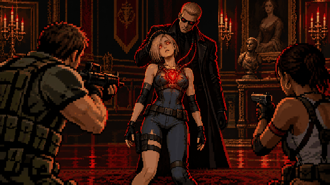 Jill Valentine controlada por um dispositivo enquanto Chris a enfrenta