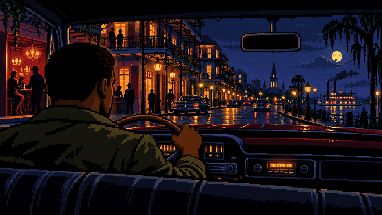 Lincoln Clay dirigindo por New Bordeaux à noite em pixel art