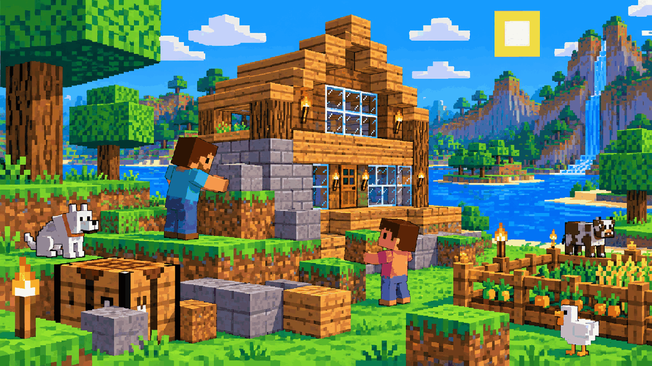Construção cooperativa em mundo de blocos inspirada em Minecraft em pixel art