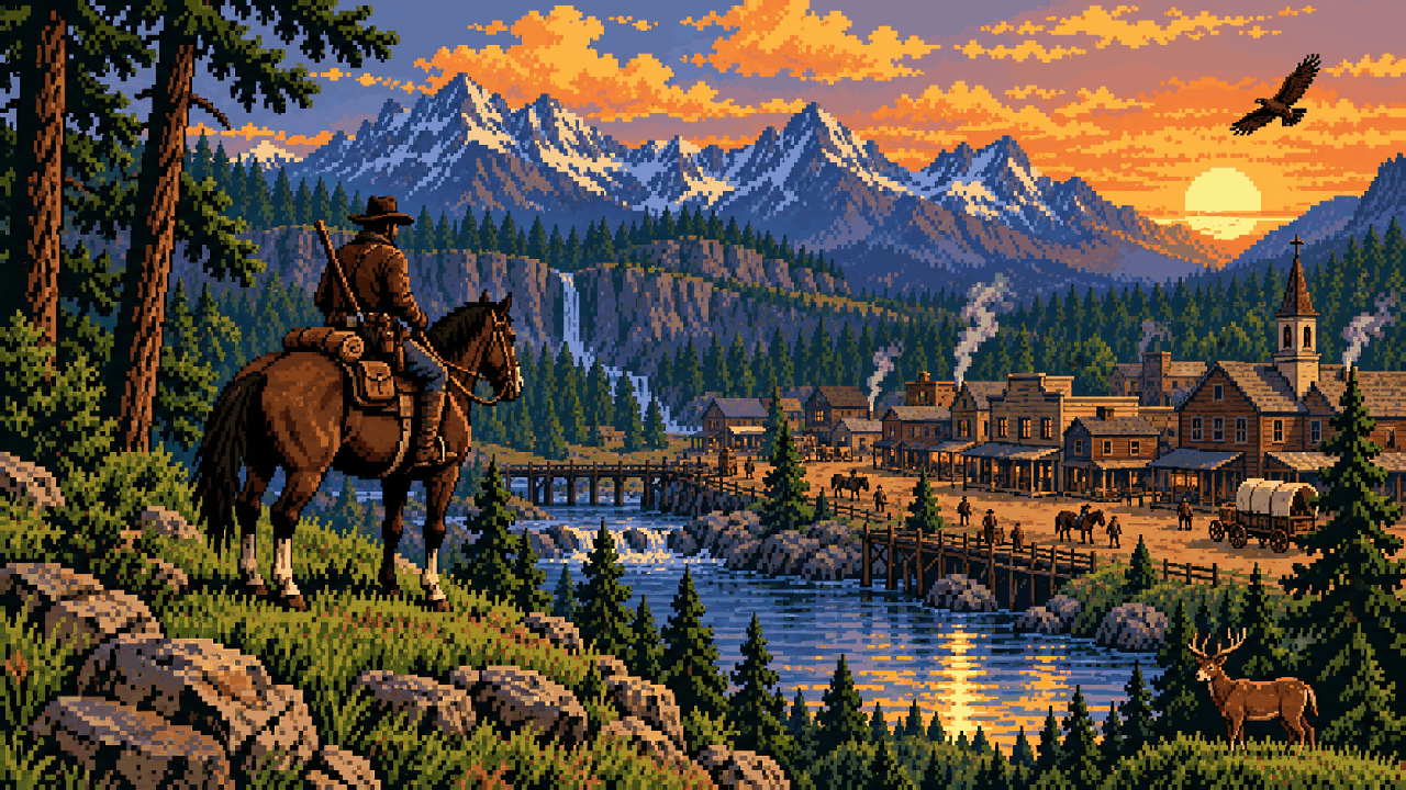 Mundo de faroeste denso com floresta, cavalo, cidade e clima em pixel art