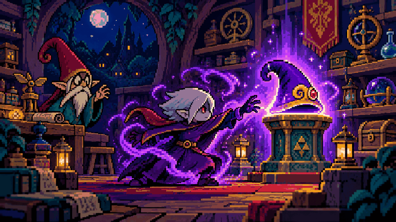 Vaati usa a Mage's Cap e se transforma em uma figura poderosa diante de Ezlo em pixel art