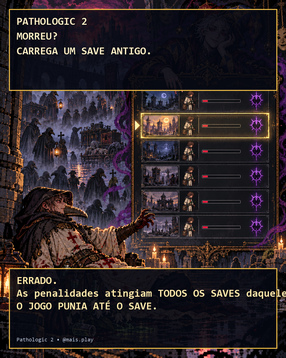 Menu de save marcado por uma punição em Pathologic 2