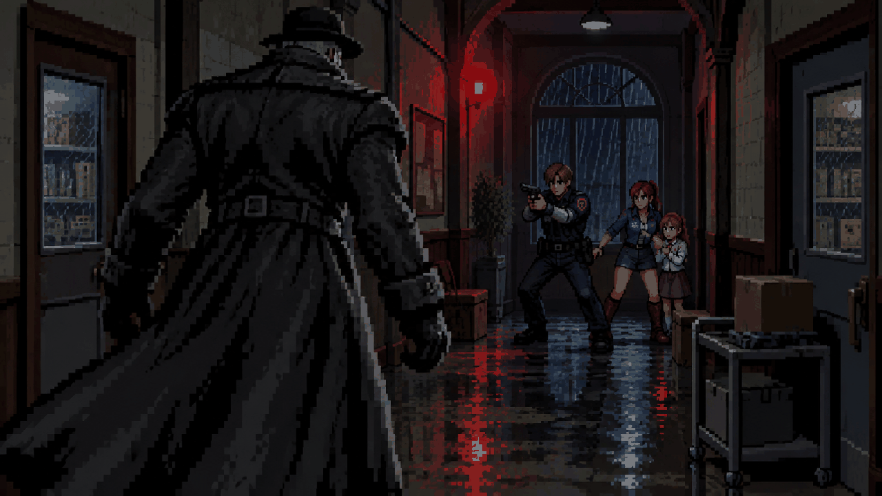 Mr. X persegue Leon, Claire e Sherry por um corredor da delegacia em pixel art