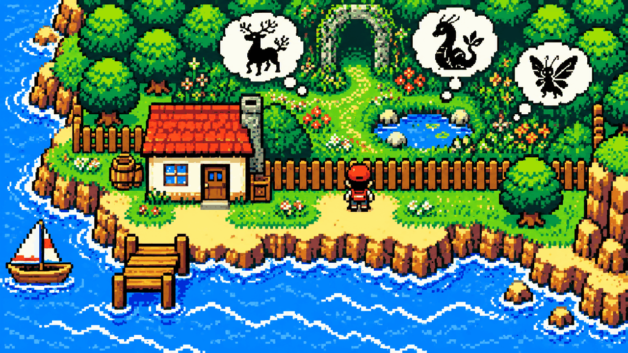 Casa à beira-mar com jardim secreto inacessível em pixel art