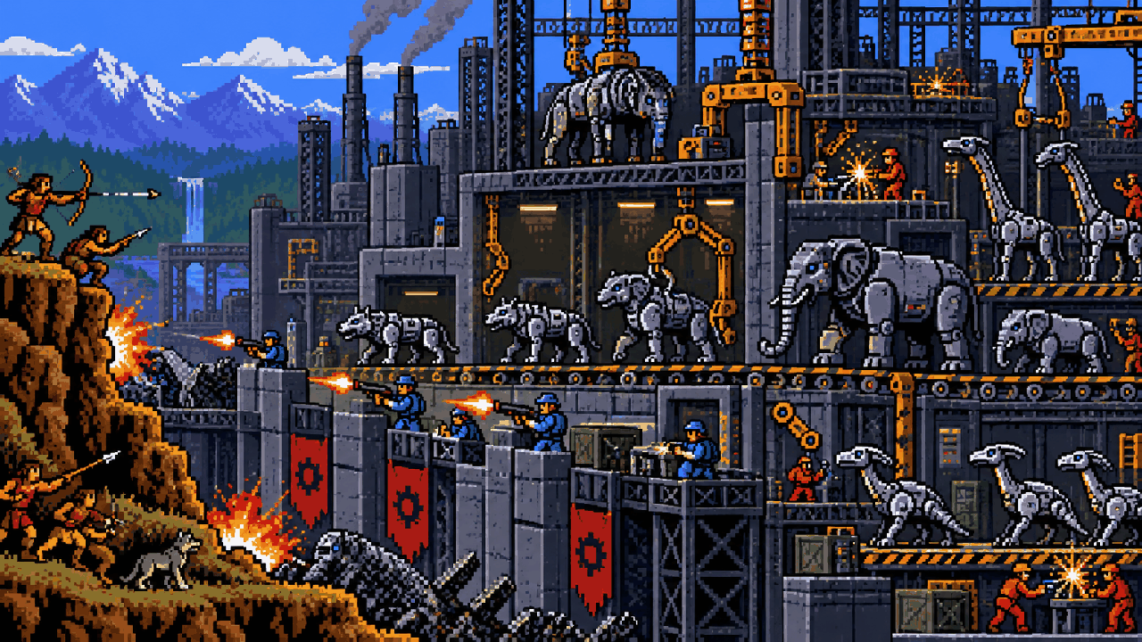 Aloy diante de uma inteligência artificial dividida por um sinal misterioso em pixel art
