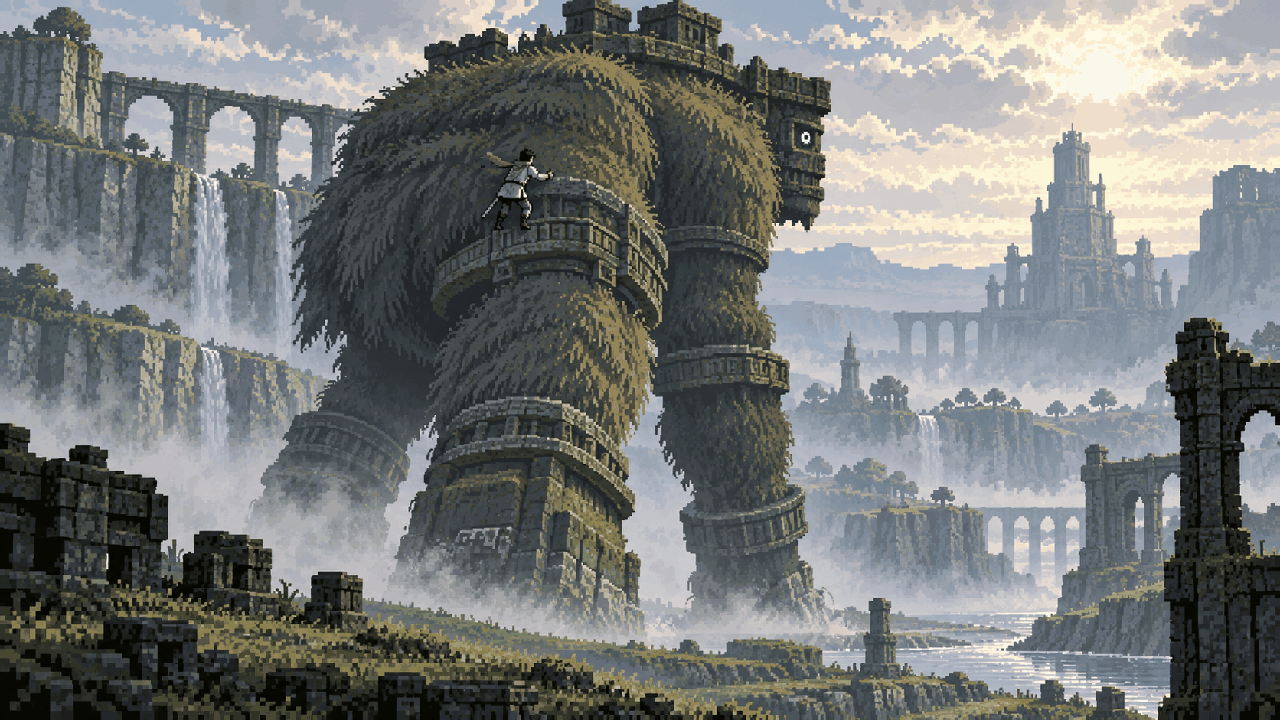 Um colosso gigantesco atravessando uma paisagem detalhada