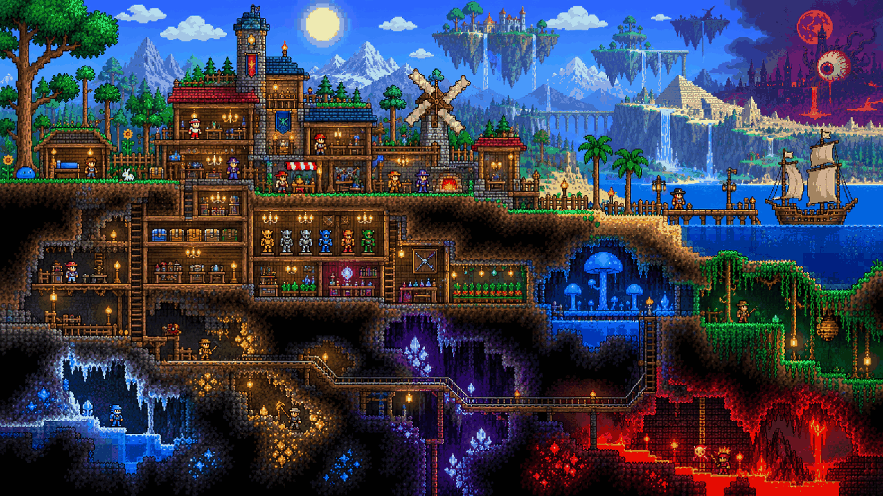 Pequena casa que cresce para uma cidade com construções e cavernas em pixel art