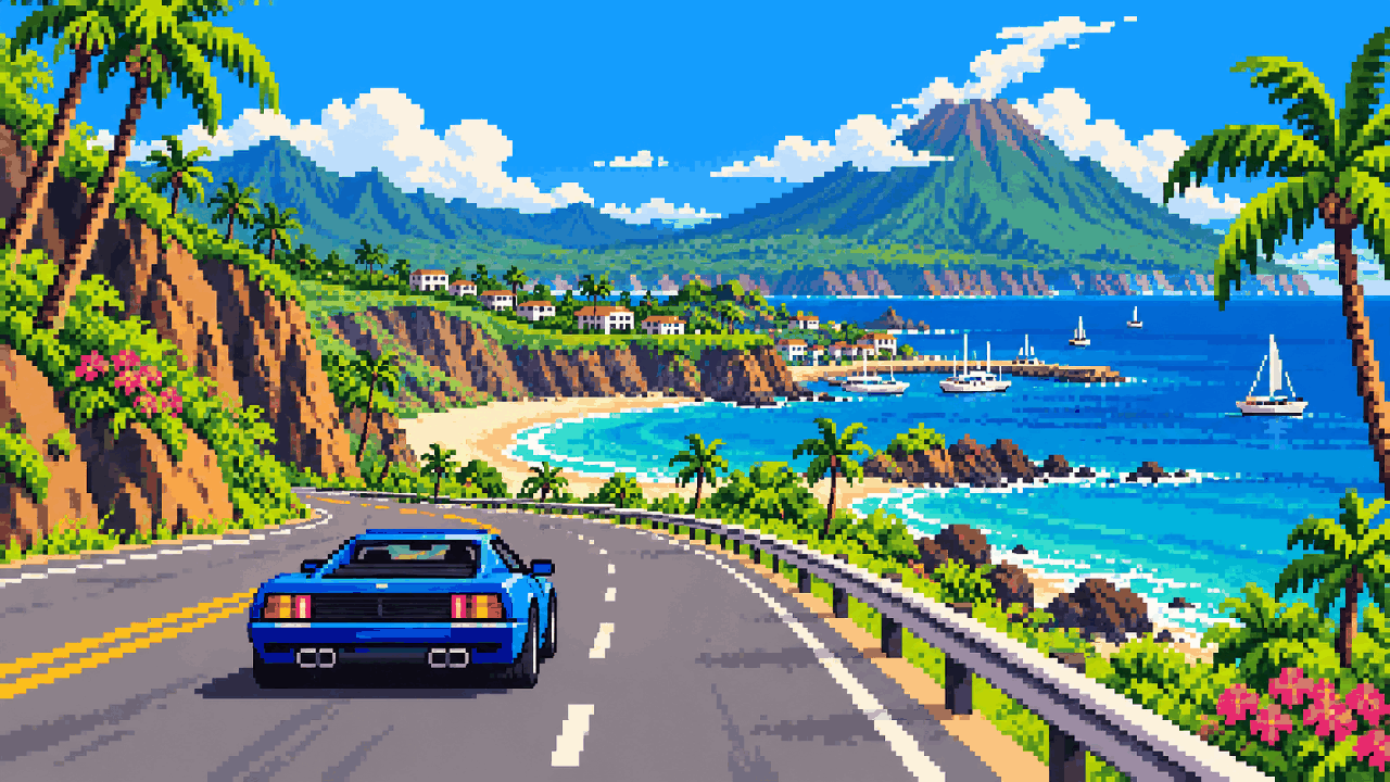 Carro em estrada de ilha tropical inspirado em The Crew Motorfest em pixel art