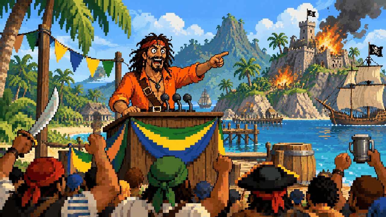 Vaas diante de um palanque em uma ilha tropical com fogo e barcos em pixel art