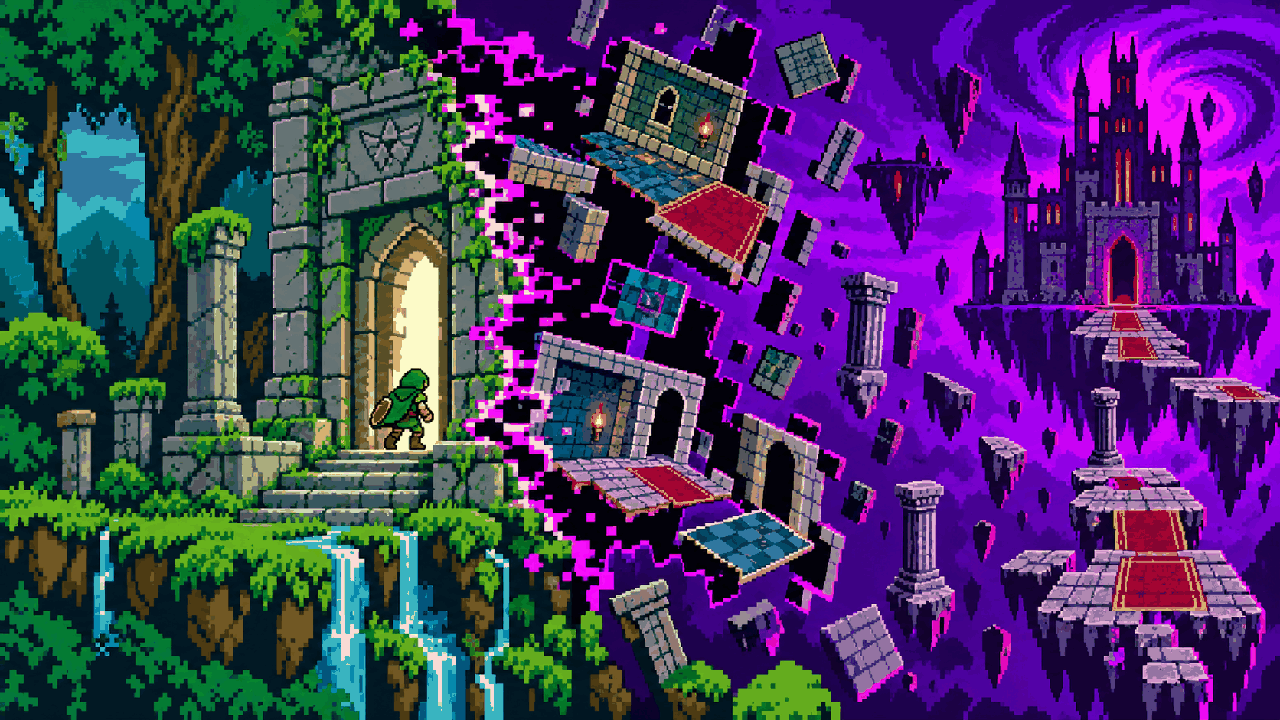 Porta de templo levando para castelo final em vazio roxo como wrong warp em pixel art