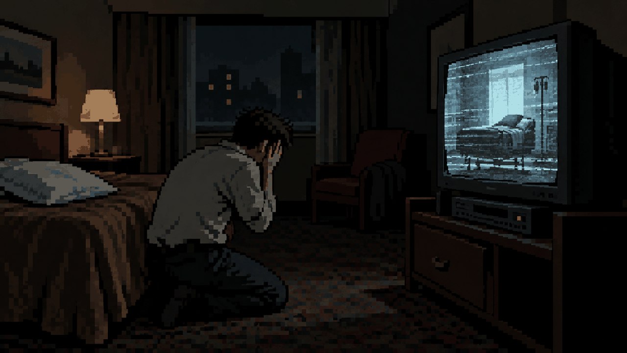 Fita de vídeo em quarto escuro do Hotel Lakeview em pixel art